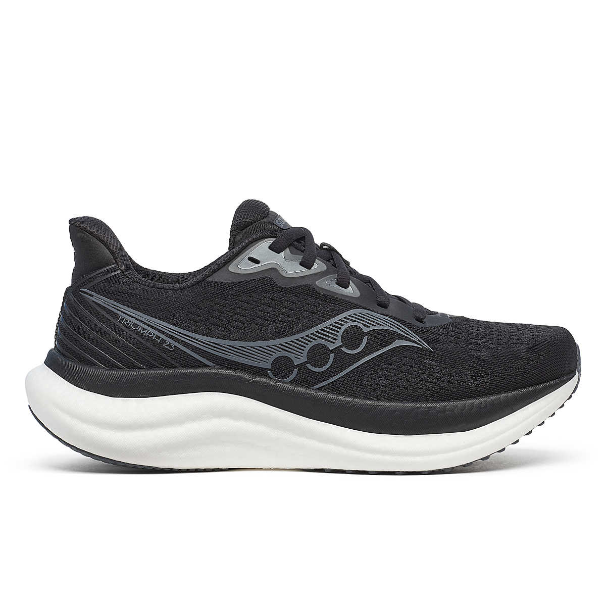Side view on white background of Womens Saucony Triumph 23 running shoe in Black/White, Wide width