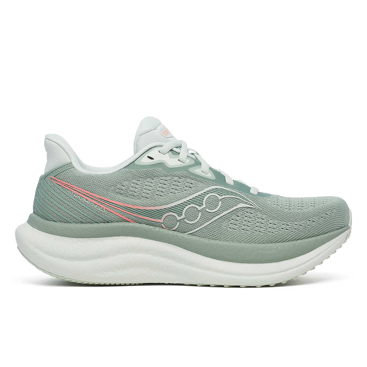 Side view on white background of Womens Saucony Triumph 23 running shoe in Iceberg/Aloe, Medium (Regular) width