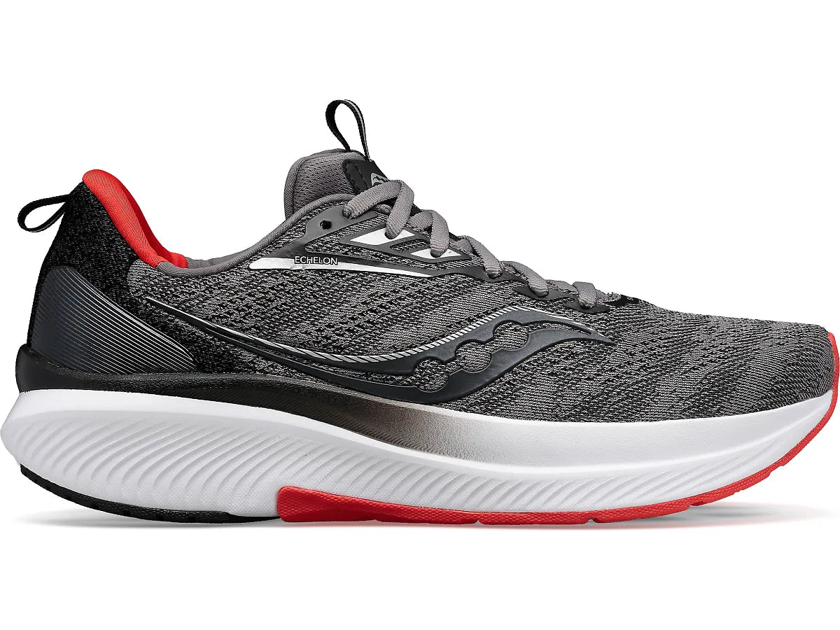 Side view on white background of Mens Saucony Echelon 9 running shoe in Charcoal/Redsky, Medium (Regular) width