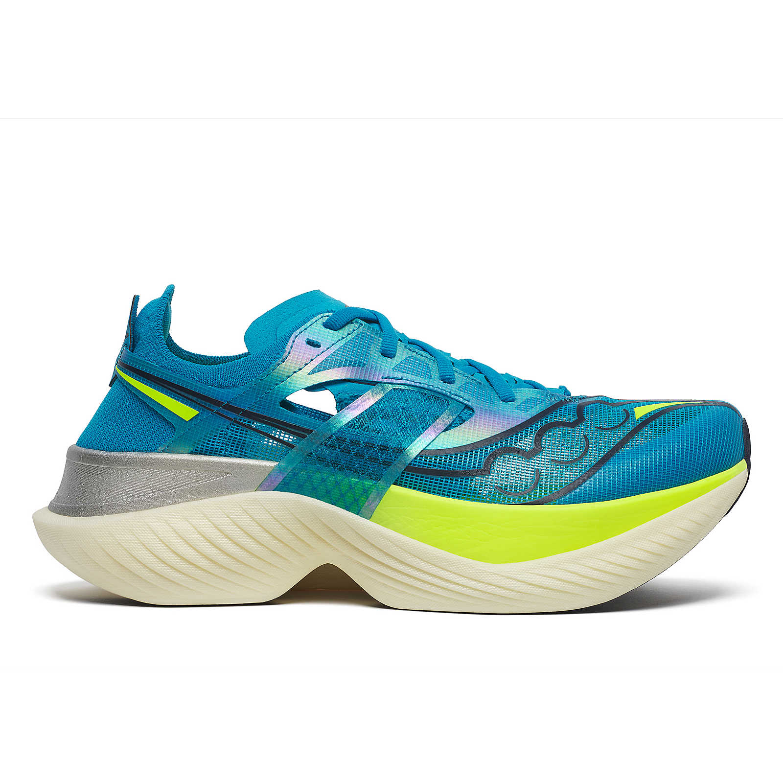 Side view on white background of Womens Saucony Endorphin Elite running shoe in Viziblue/Citron, Medium (Regular) width