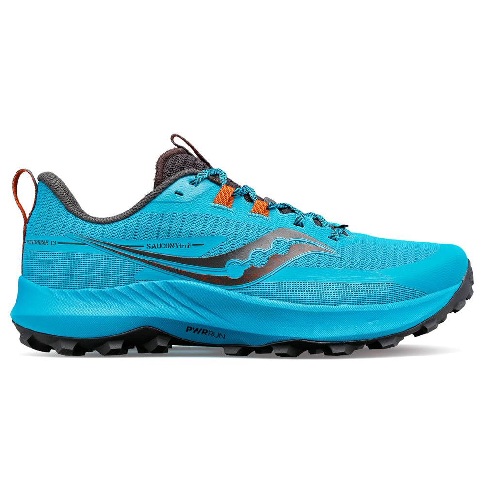 Side view on white background of Mens Saucony Peregrine 13 running shoe in Agave/Basalt, Medium (Regular) width