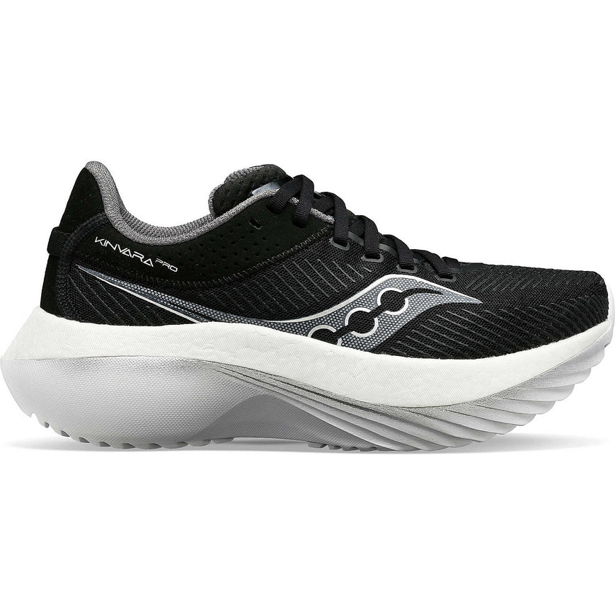 Side view on white background of Mens Saucony Kinvara Pro running shoe in Black/White, Wide width