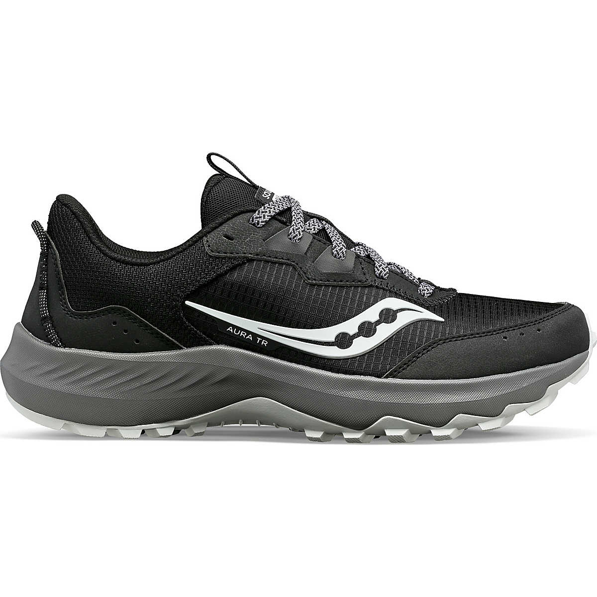 Side view on white background of Mens Saucony Aura TR running shoe in Black/Gravel, Medium (Regular) width