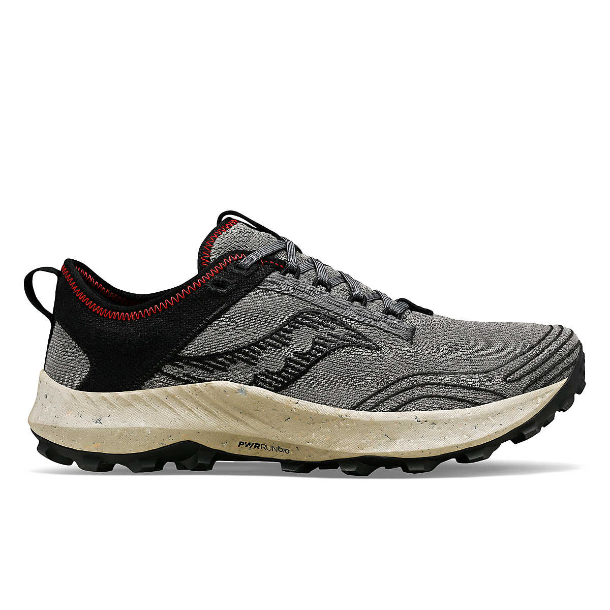 Side view on white background of Mens Saucony Peregrine RFG running shoe in Shadow/Black, Medium (Regular) width