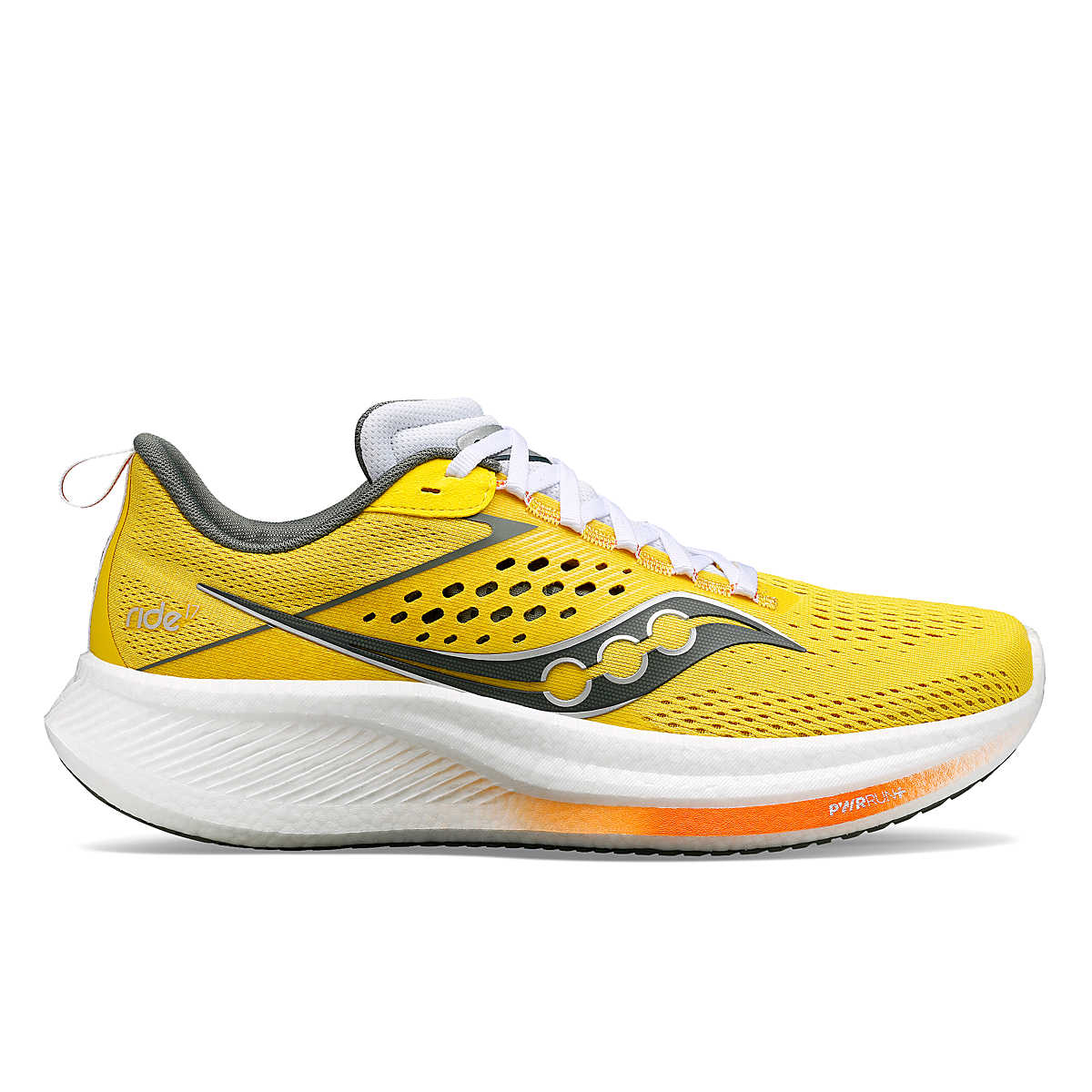 Side view on white background of Mens Saucony Ride 17 running shoe in Canary/Bough, Medium (Regular) width