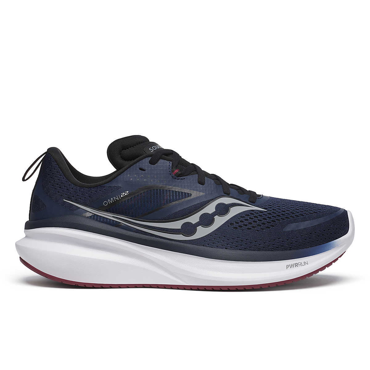 Side view on white background of Mens Saucony Omni 22 running shoe in Navy/Currant, Medium (Regular) width