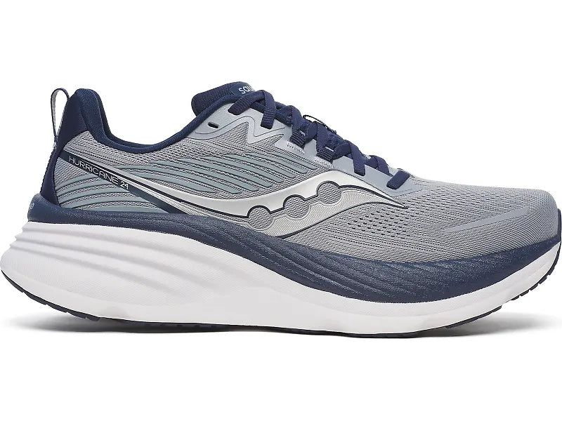 Side view on white background of Mens Saucony Hurricane 24 running shoe in Flint/Navy, Wide width