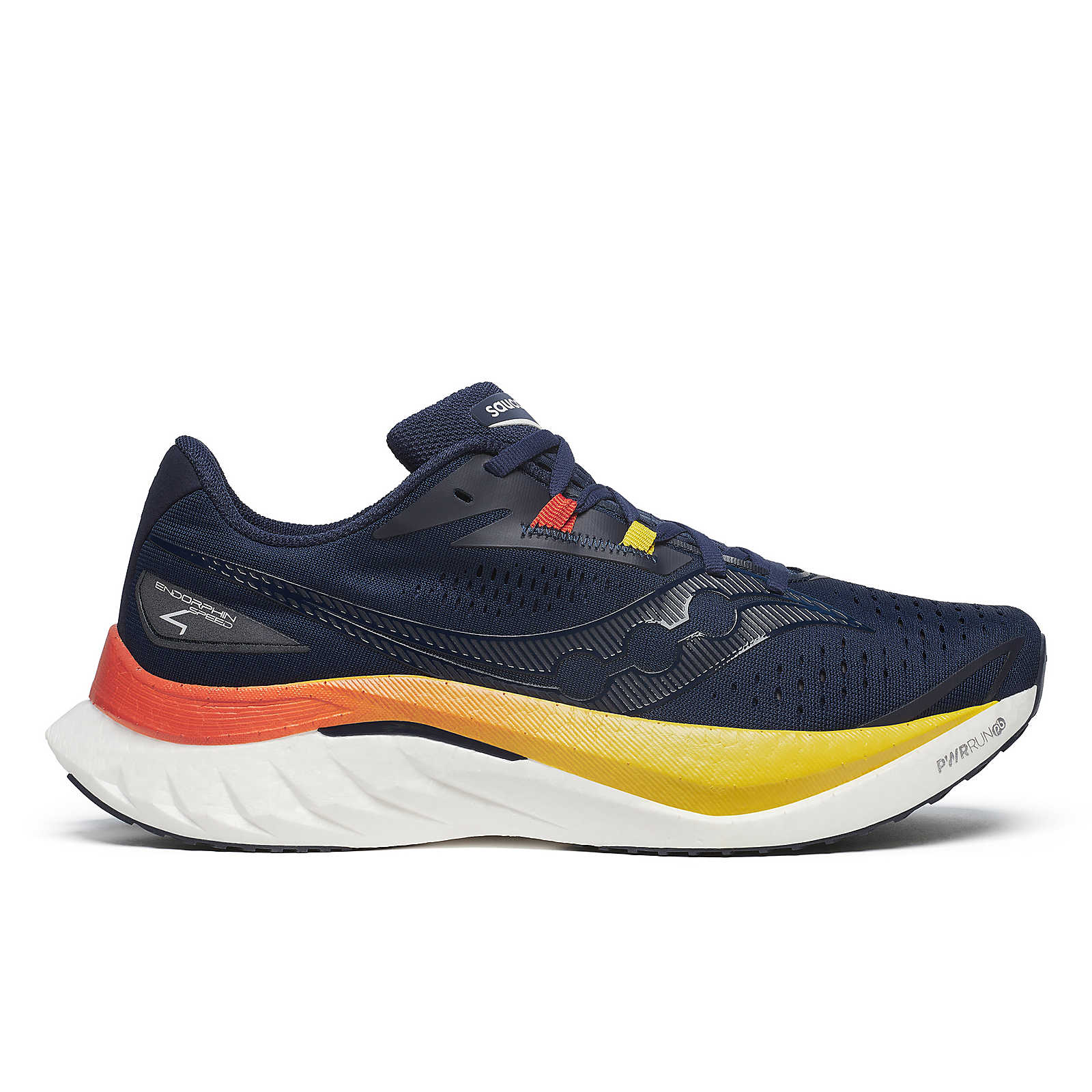 Side view on white background of Mens Saucony Endorphin Speed 4 running shoe in Navy/Pepper, Medium (Regular) width