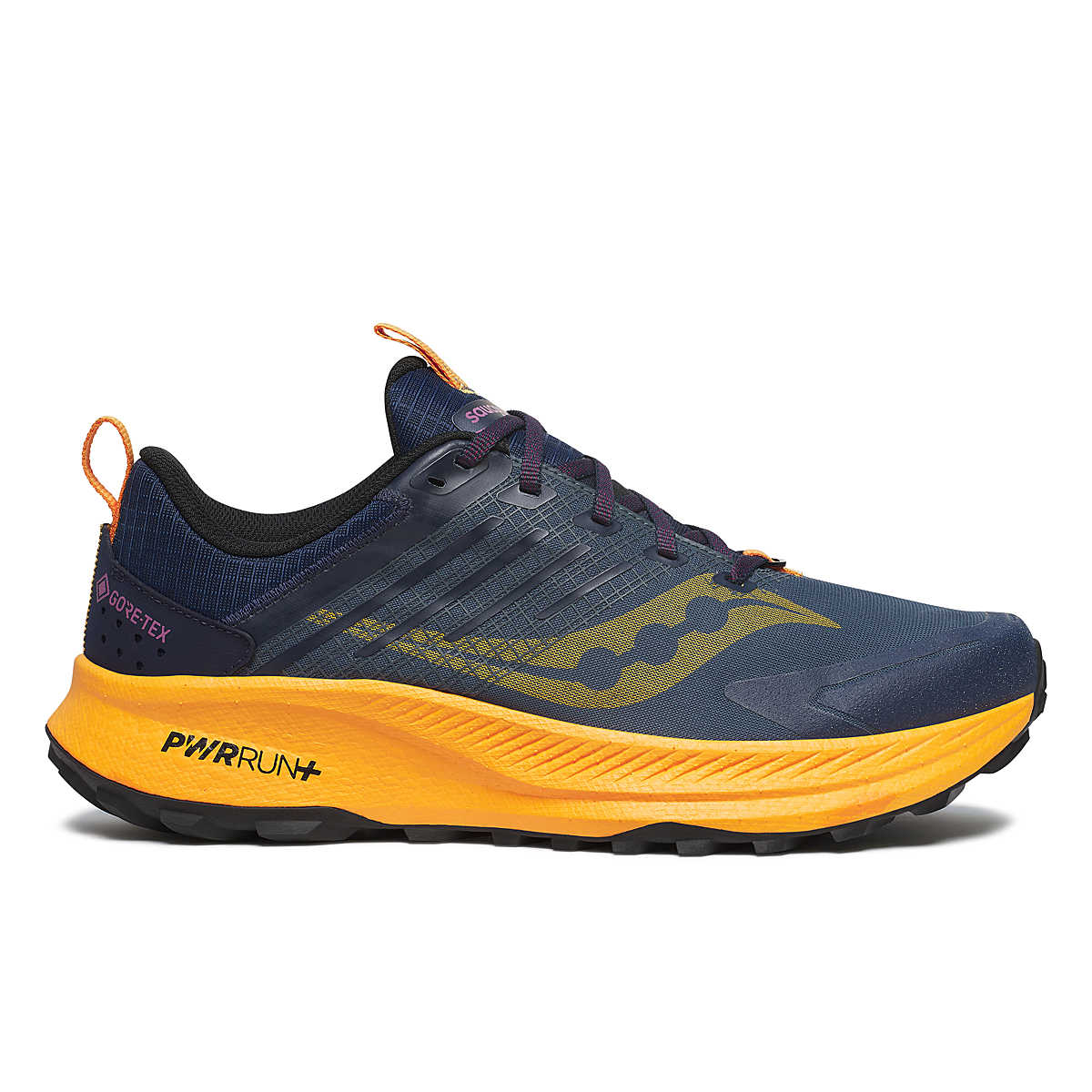 Side view on white background of Mens Saucony Ride TR2 GTX running shoe in Blue, Medium (Regular) width
