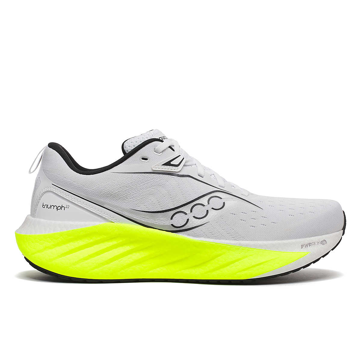Side view on white background of Mens Saucony Triumph 22 running shoe in White and Olivine, Medium width