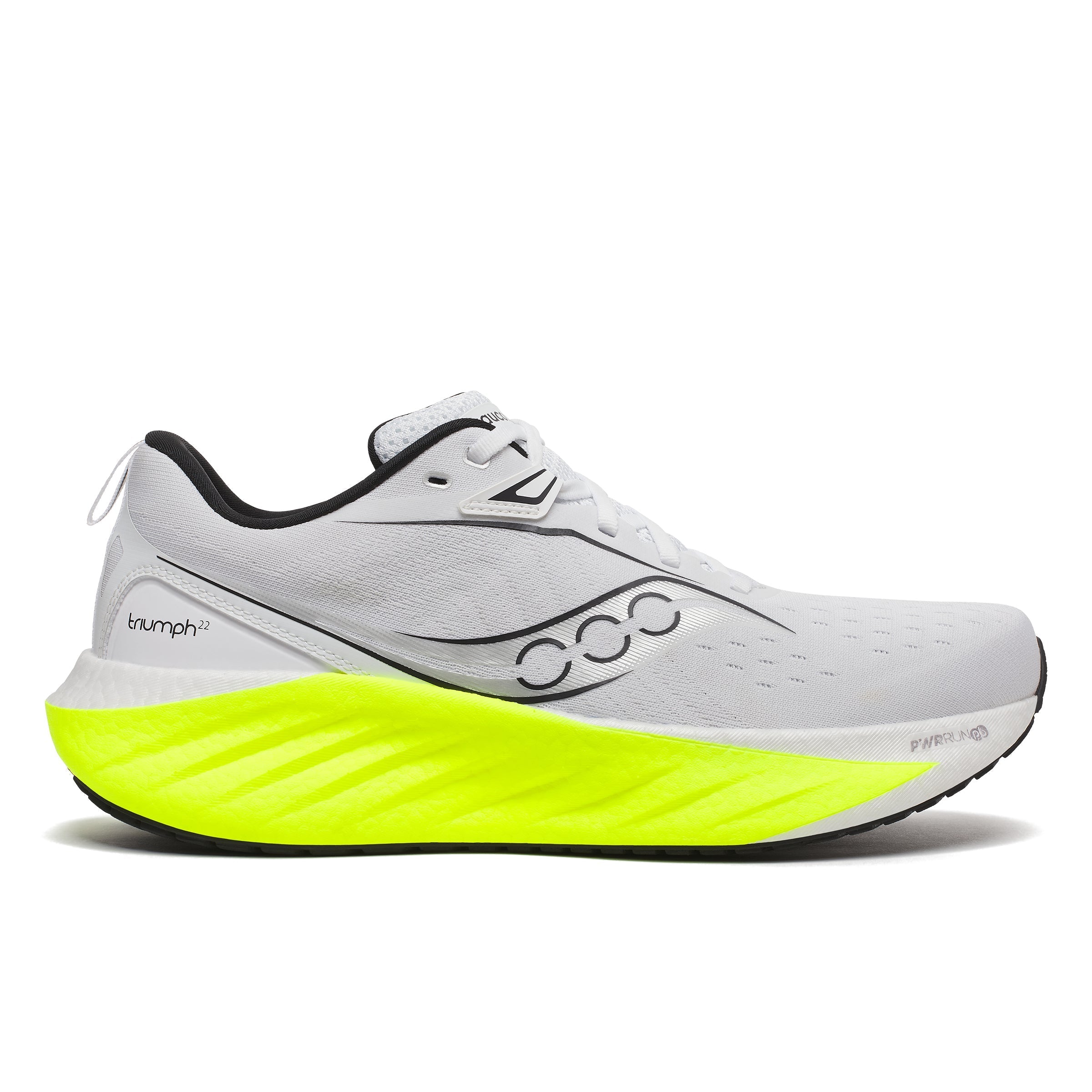 Side view on white background of Mens Saucony Triumph 22 running shoe in White/Citron, Medium (Regular) width