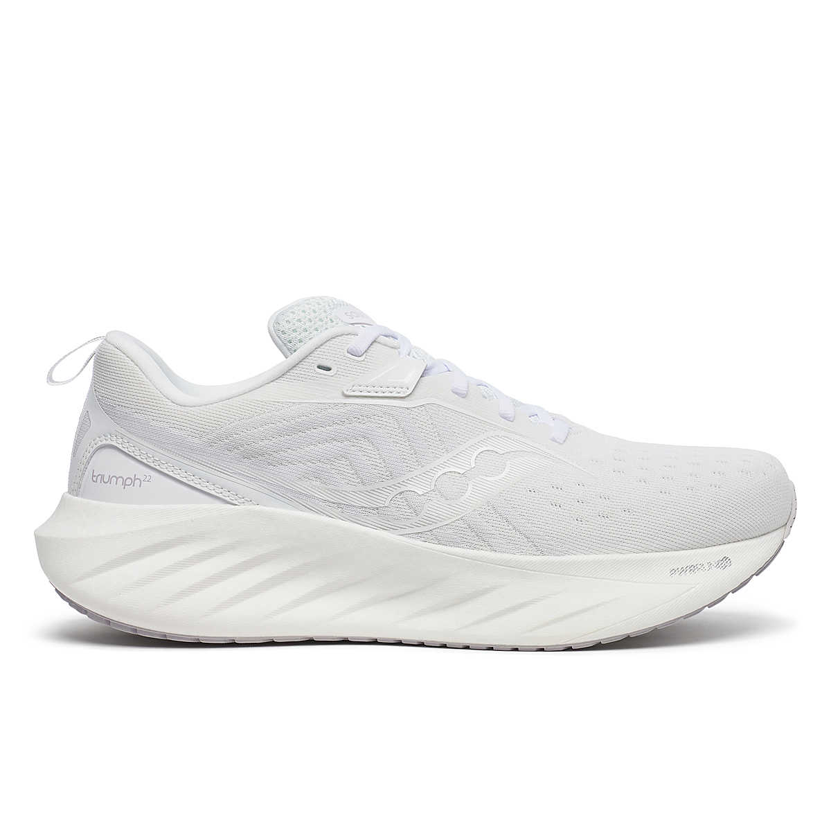 Side view on white background of Mens Saucony Triumph 22 running shoe in White, Medium (Regular) width
