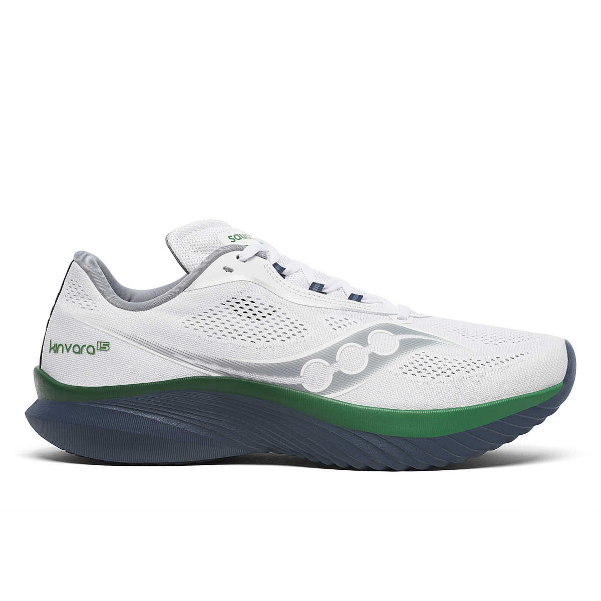 Side view on white background of Mens Saucony Kinvara 15 running shoe in White/Navy, Medium (Regular) width