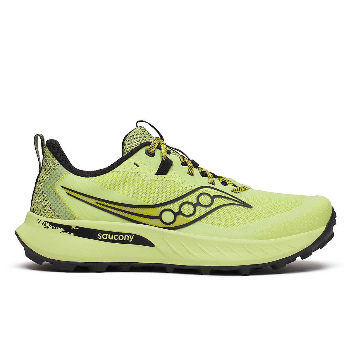 Side view on white background of Mens Saucony Peregrine 15 running shoe in Sunny/Black, Medium (Regular) width