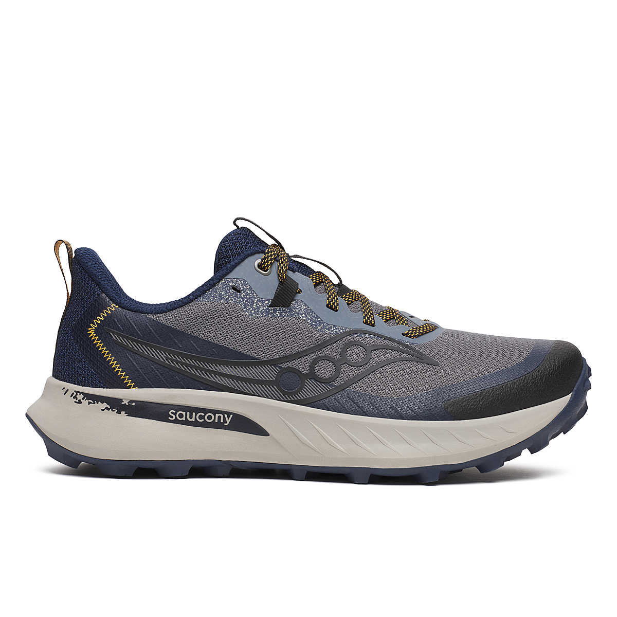 Side view on white background of Mens Saucony Peregrine 15 running shoe in Cinder/Navy, Medium (Regular) width