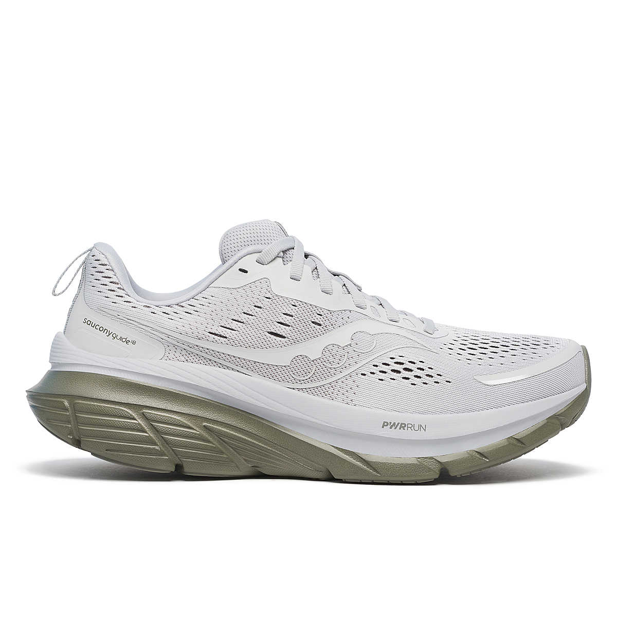 Side view on white background of Mens Saucony Guide 18 running shoe in Cloud/olive, Medium (Regular) width
