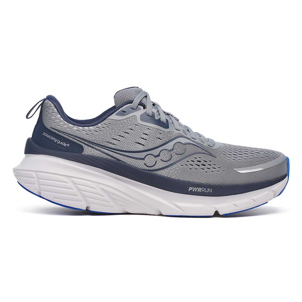 Side view on white background of Mens Saucony Guide 18 running shoe in Flint/Navy, Wide width