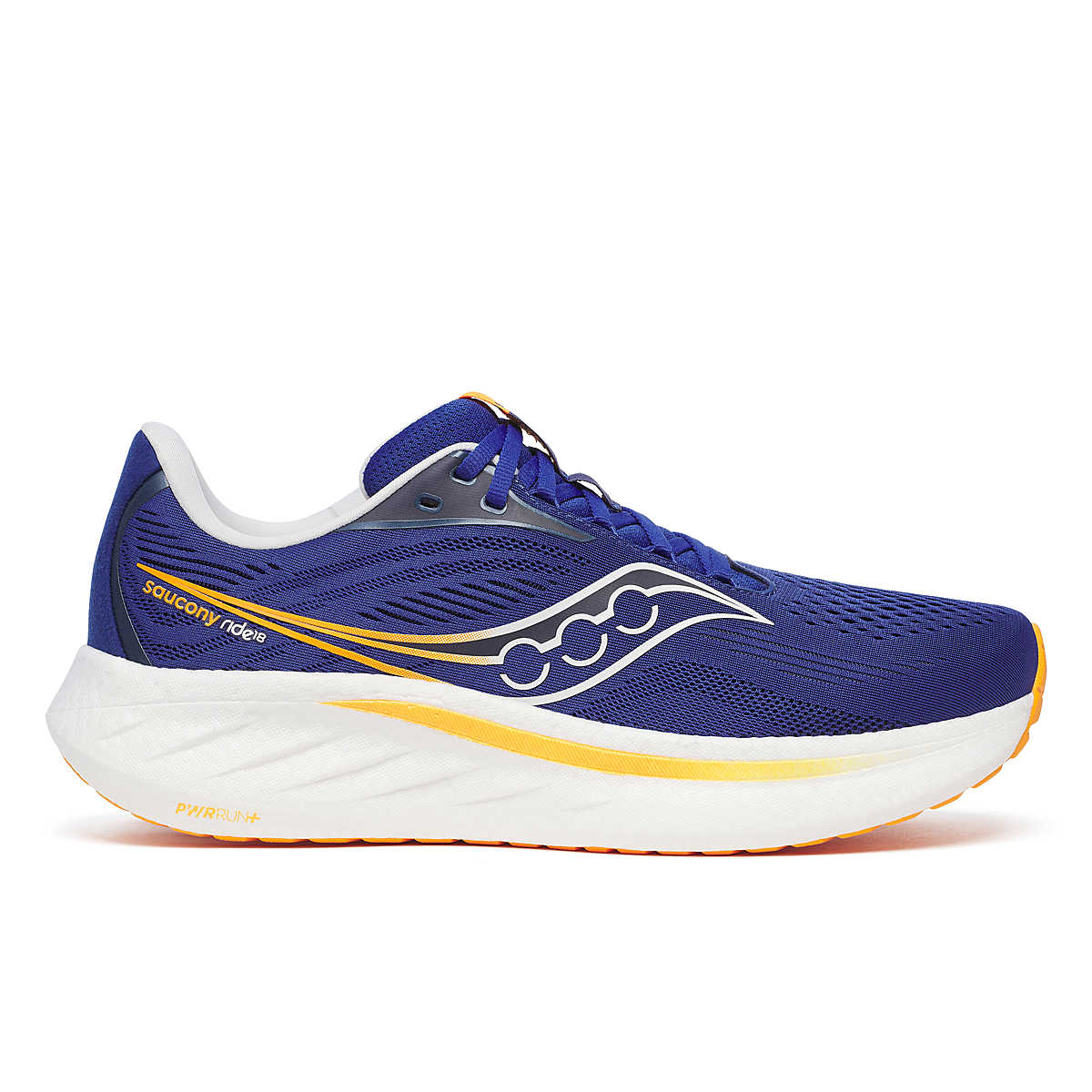 Side view on white background of Mens Saucony Ride 18 running shoe in Azurite/Peel, Medium (Regular) width