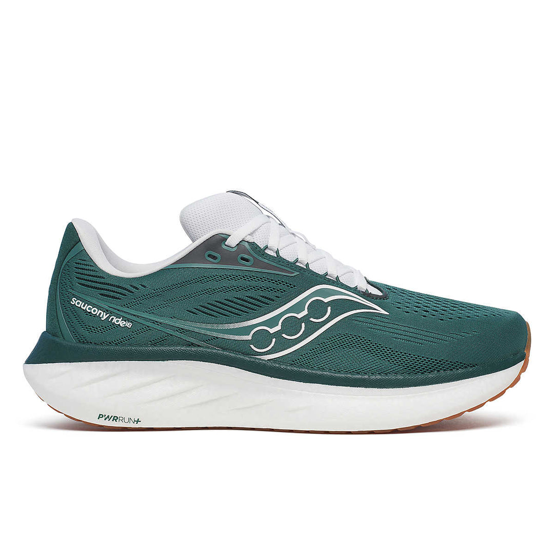 Side view on white background of Mens Saucony Ride 18 running shoe in Pine/White, Medium (Regular) width
