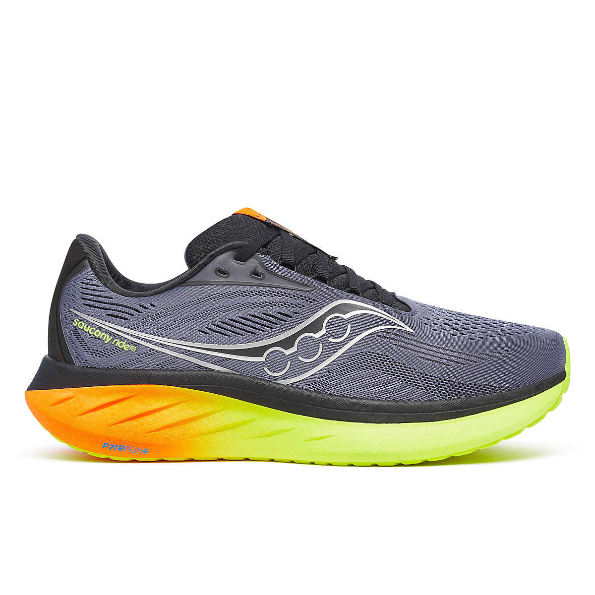 Side view on white background of Mens Saucony Ride 18 running shoe in Shadow/Vizi, Medium (Regular) width