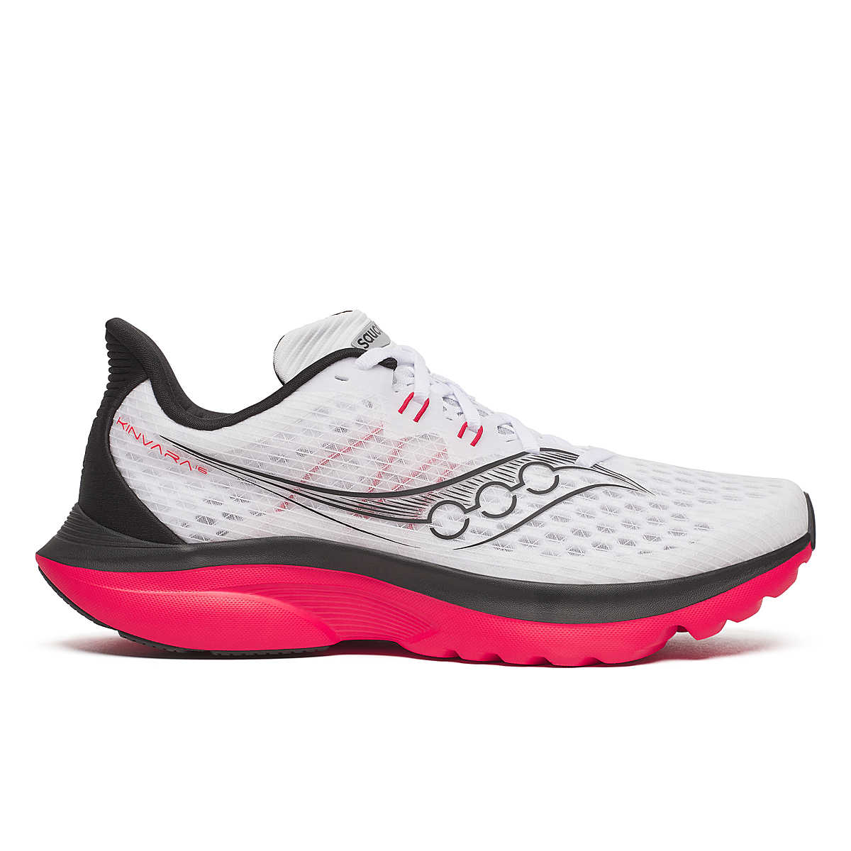 Side view on white background of Mens Saucony Kinvara 16 running shoe in White/Red, Medium (Regular) width