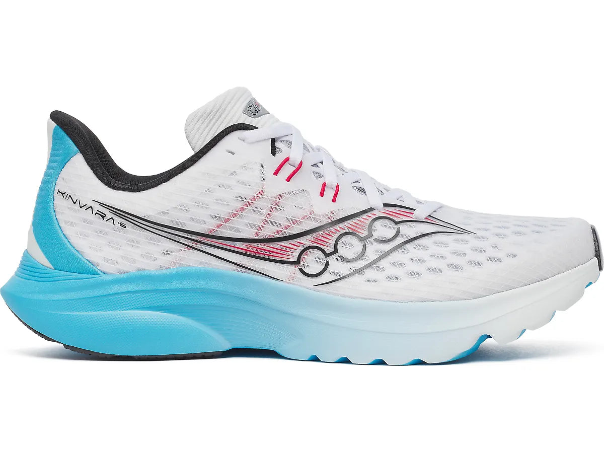 Side view on white background of Mens Saucony Kinvara 16 running shoe in White/Blue, Medium (Regular) width