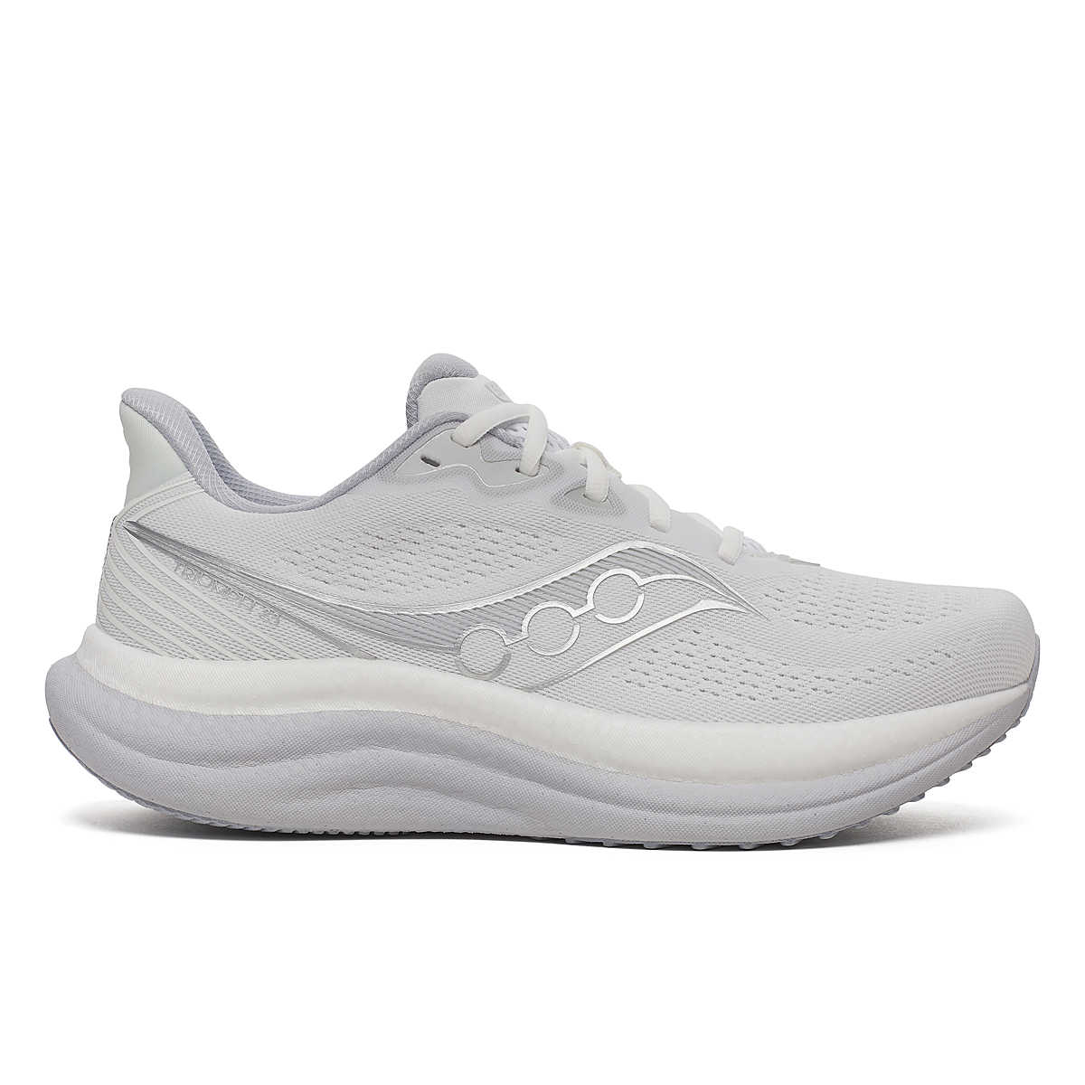 Side view on white background of Mens Saucony Triumph 23 running shoe in White/Cloud, Medium (Regular) width