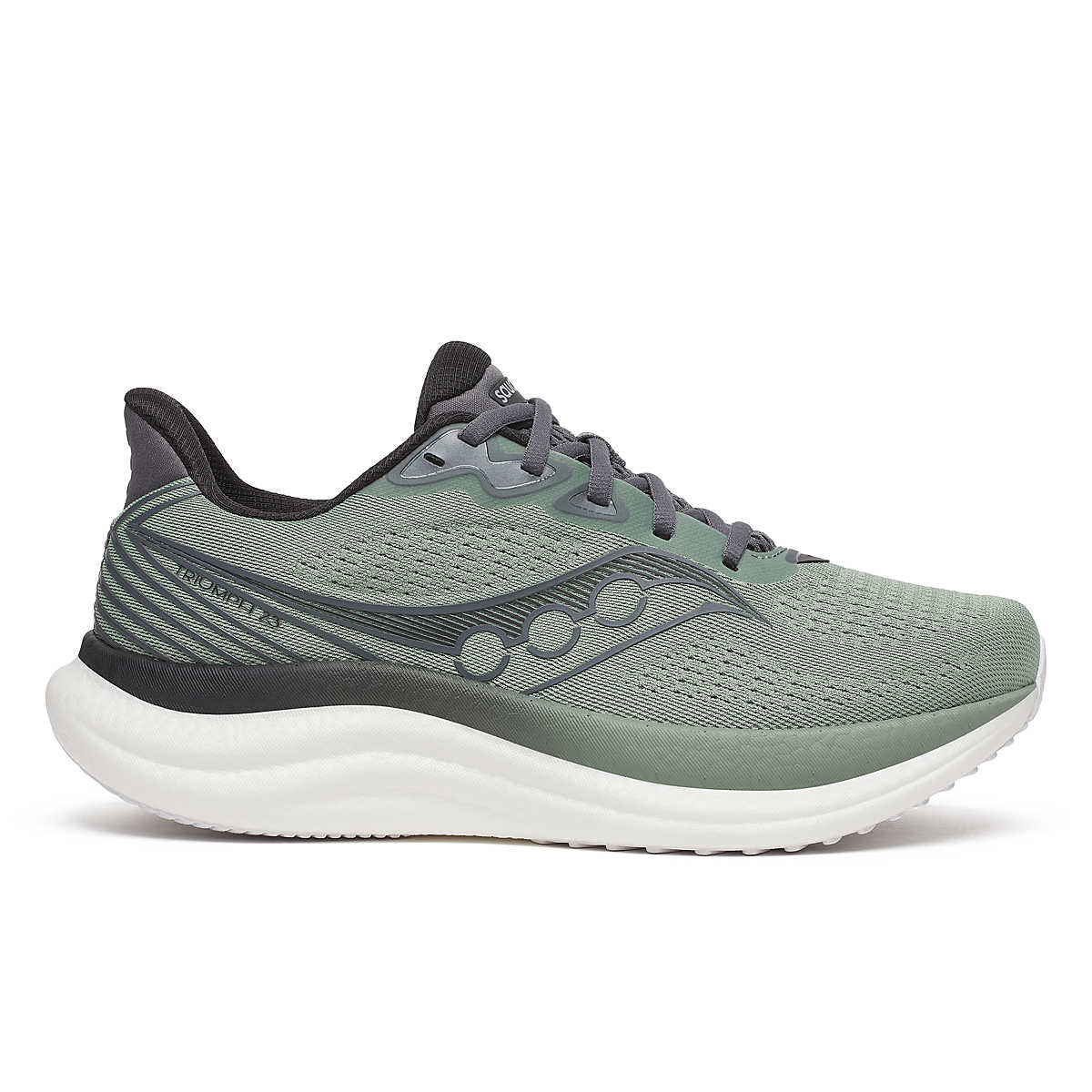 Side view on white background of Mens Saucony Triumph 23 running shoe in Iceberg/Carbon, Wide width