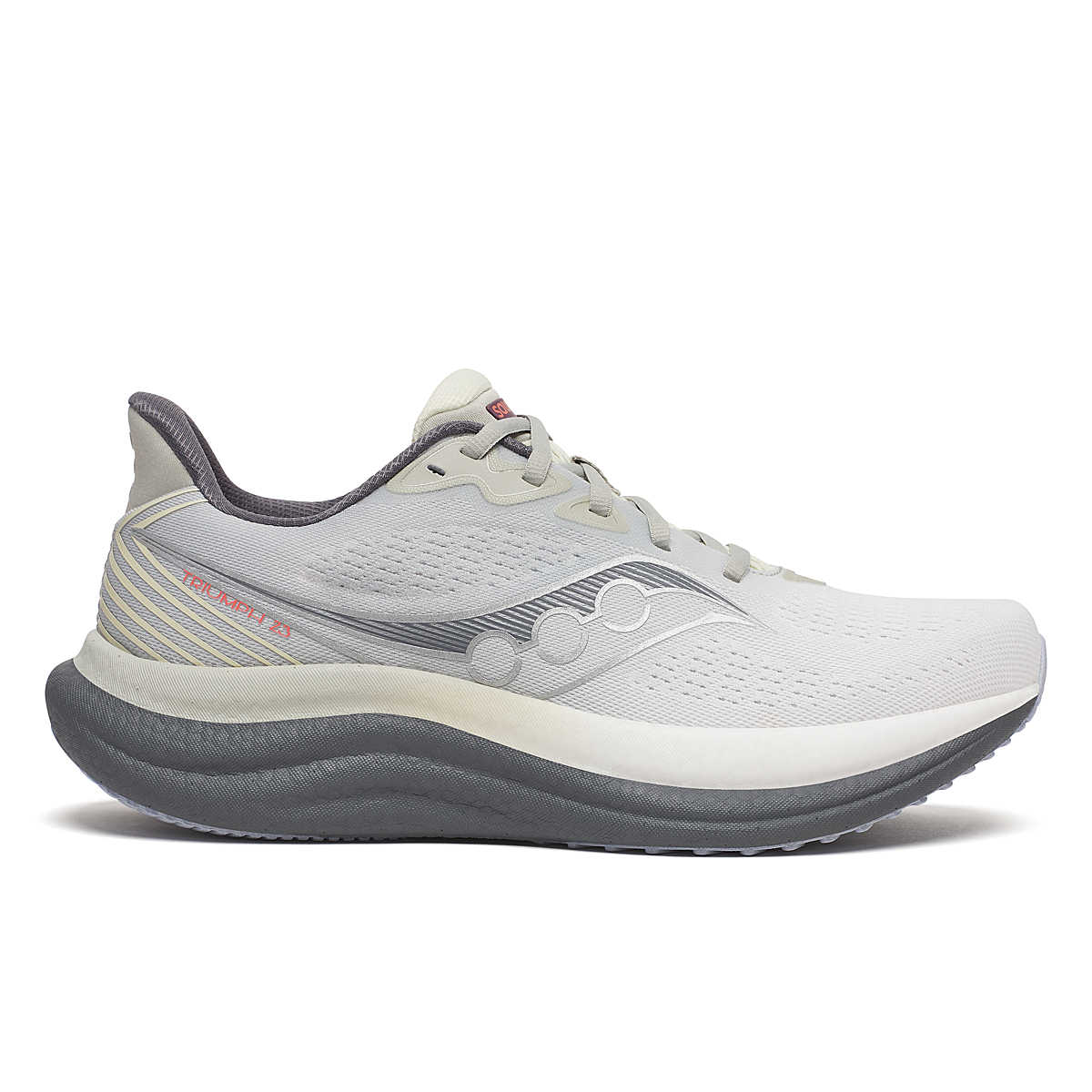 Side view on white background of Mens Saucony Triumph 23 running shoe in Grey/Shadow, Medium (Regular) width