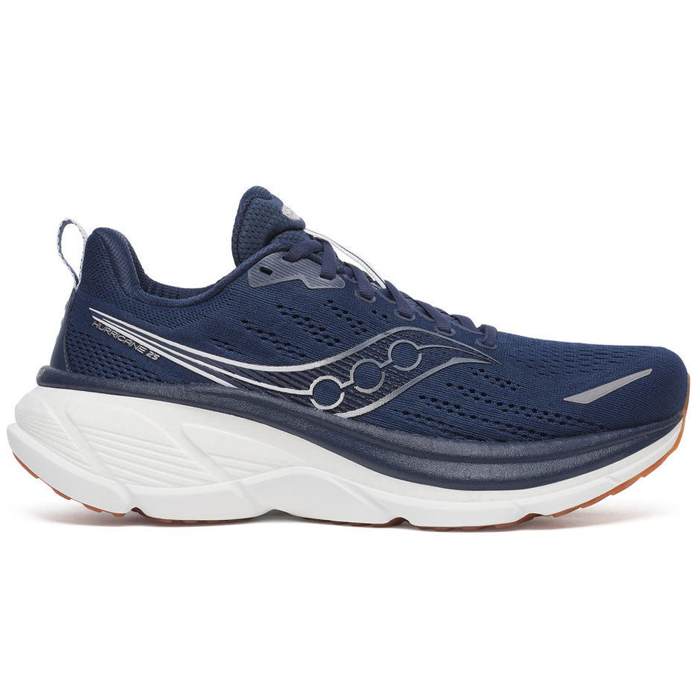 Side view on white background of Mens Saucony Hurricane running shoe in Navy/Cloud, Medium (Regular) width