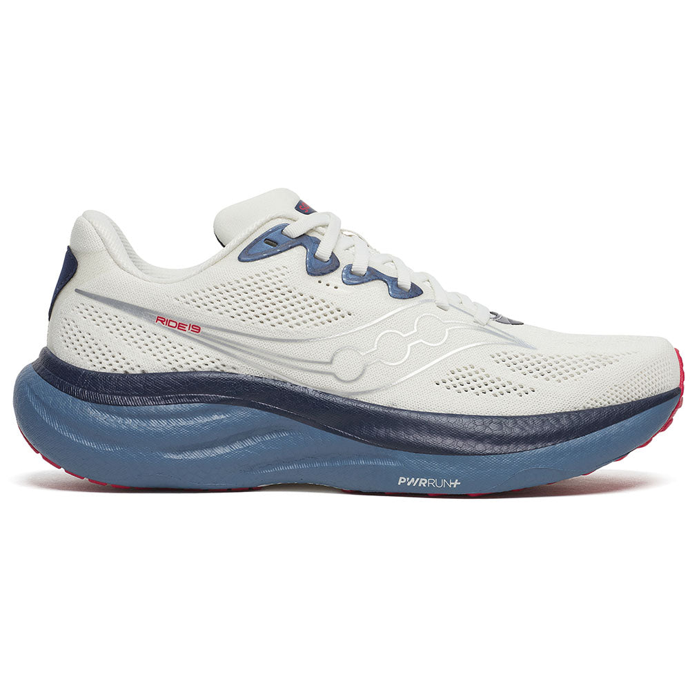 Side view on white background of Mens Saucony Ride running shoe in Ivory/Storm, Medium (Regular) width