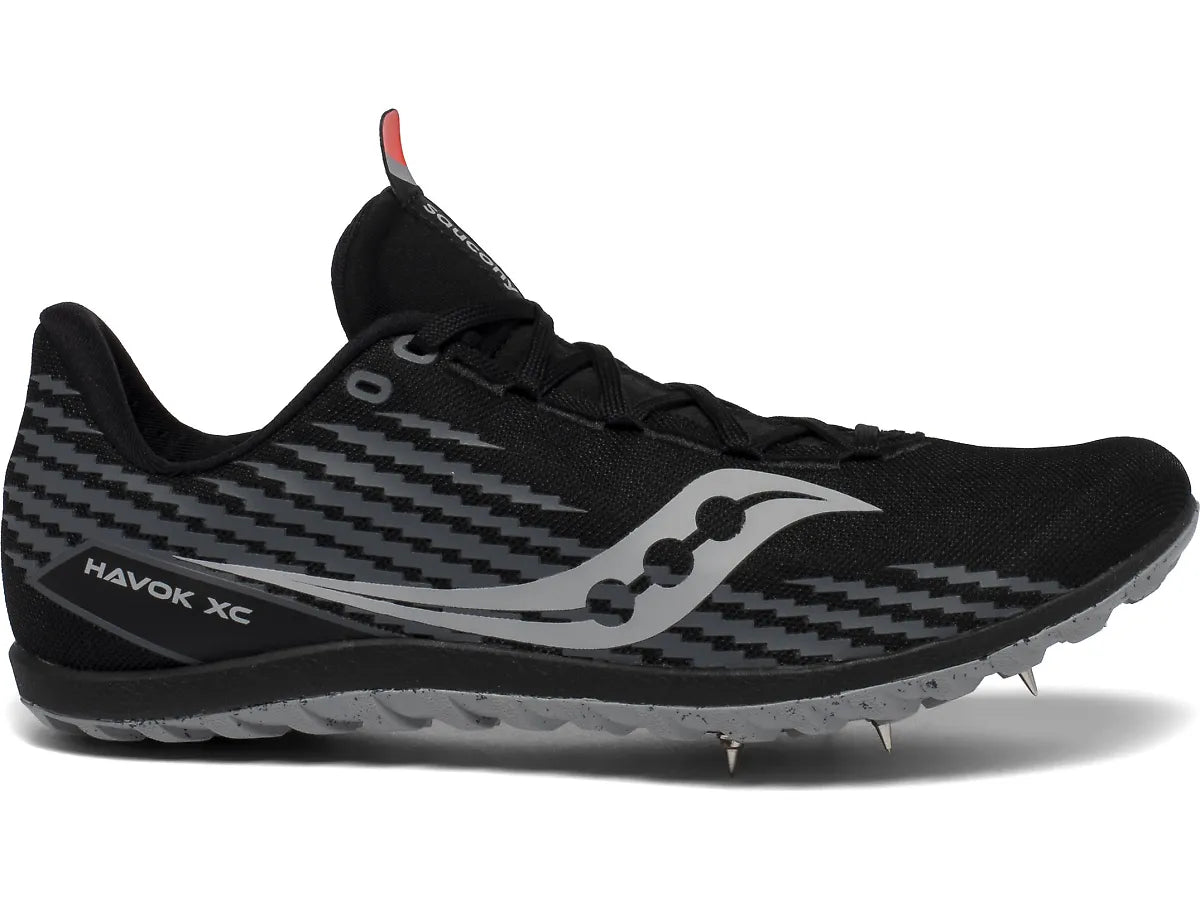 Side view on white background of Mens Saucony Havok XC 3 running shoe in Black, Medium (Regular) width