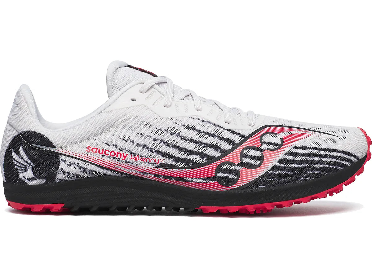 Side view on white background of Mens Saucony Kilkenny XC 9 Spike running shoe in White/Black, Medium (Regular) width