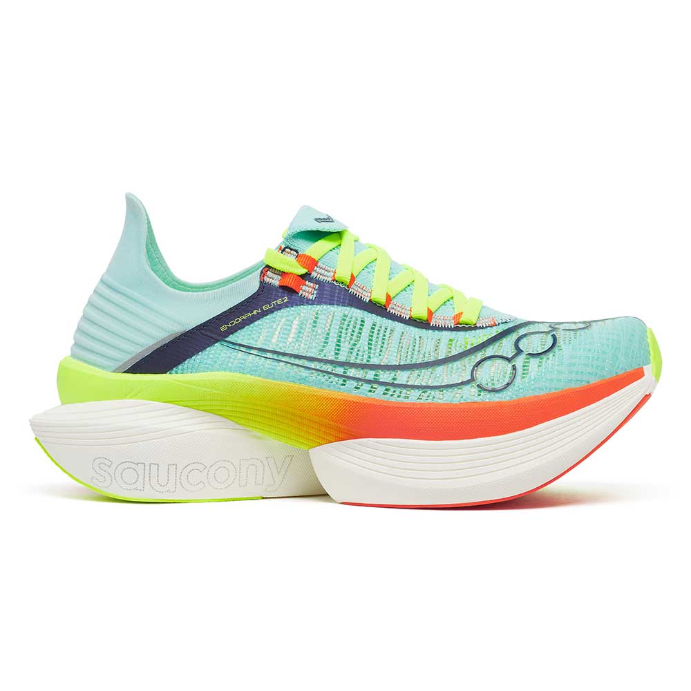Side view on white background of Womens Saucony Endorphin Elite 2 running shoe in Splash/Fire, Medium (Regular) width
