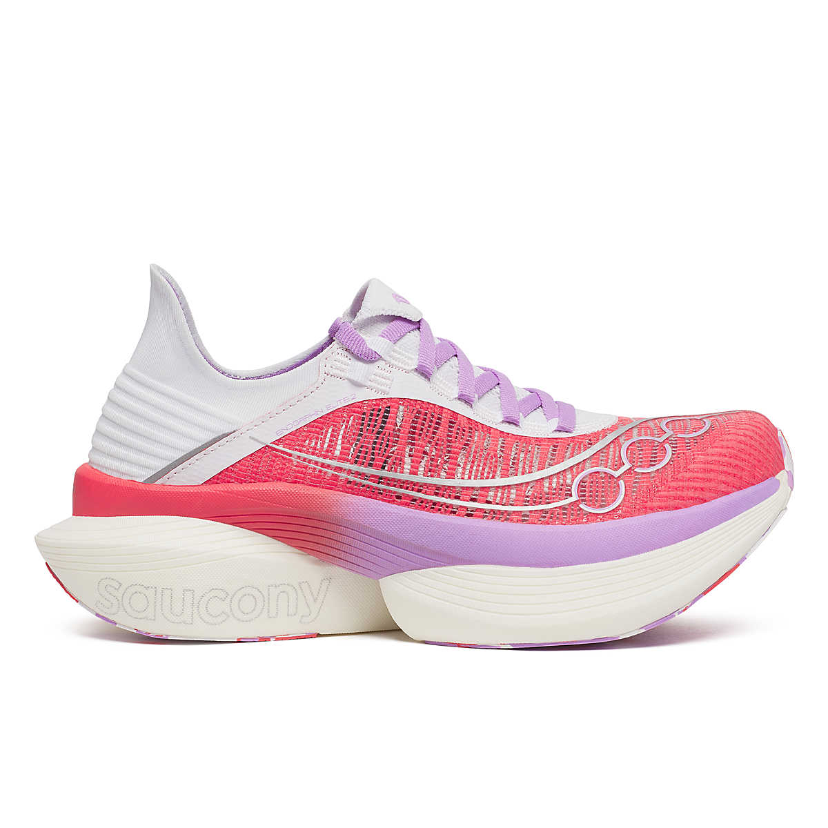 Side view on white background of Womens Saucony Endorphin Elite 2 running shoe in Coral/White, Medium (Regular) width