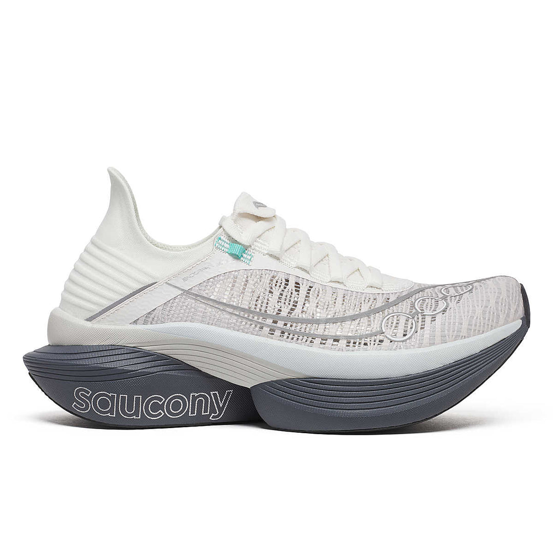 Side view on white background of Womens Saucony Endorphin Elite 2 running shoe in Fog/Cinder, Medium (Regular) width