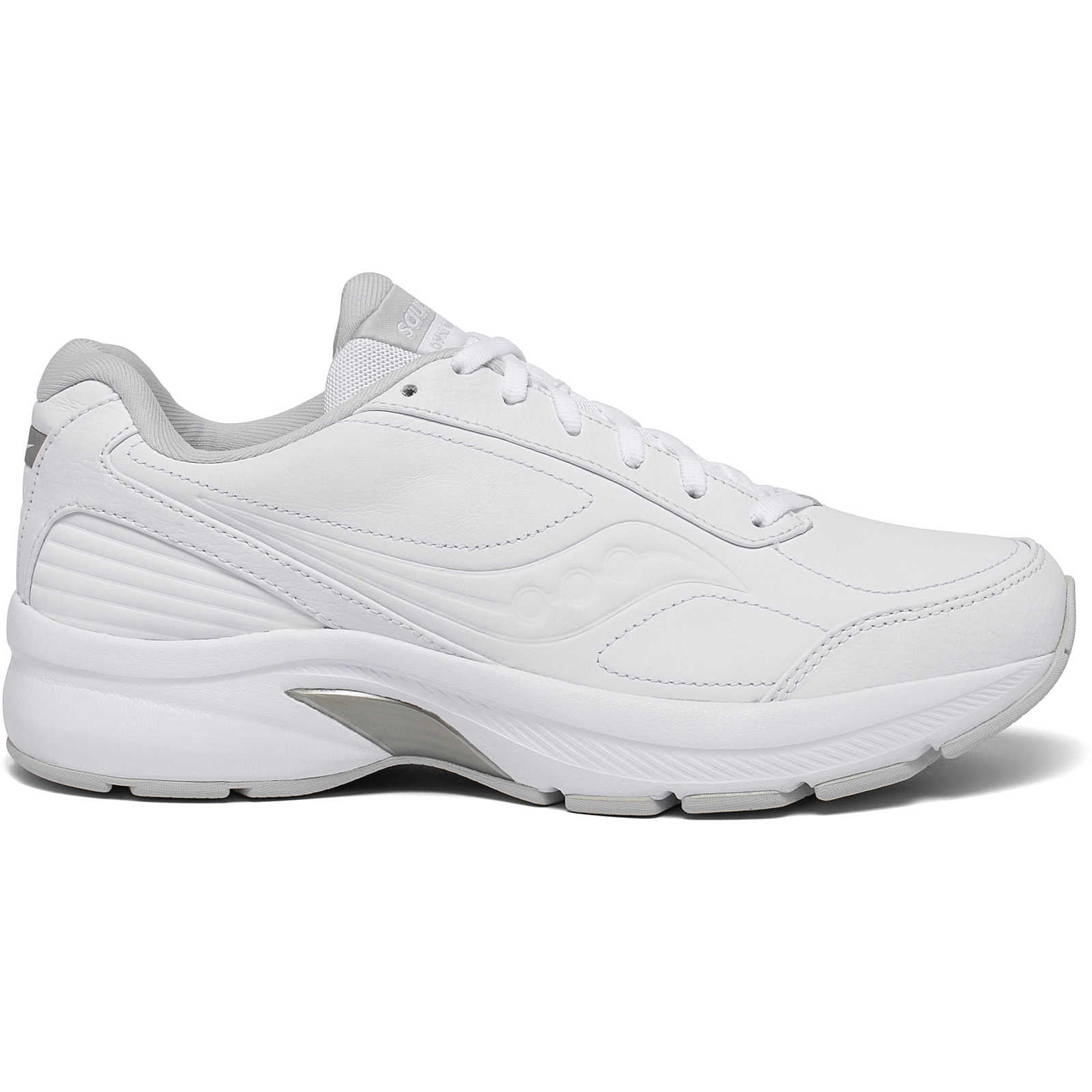 Side view on white background of Mens Saucony Omni Walker 3 running shoe in White, Wide width