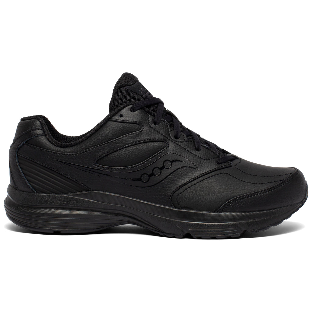 Side view on white background of Womens Saucony Integrity Walker 3 running shoe in Black, Medium (Regular) width