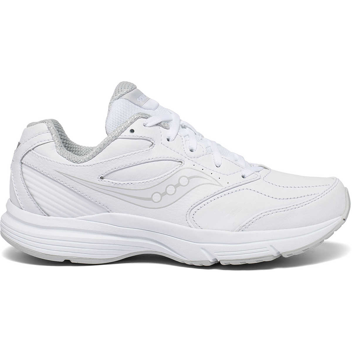 Side view on white background of Womens Saucony Integrity Walker 3 running shoe in White, Wide width
