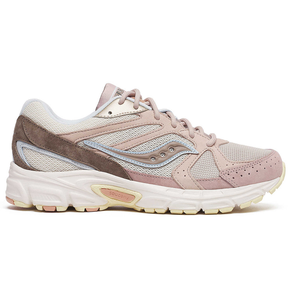 Side view on white background of Womens Saucony Ride Millennium running shoe in Dove/Brown, Medium (Regular) width