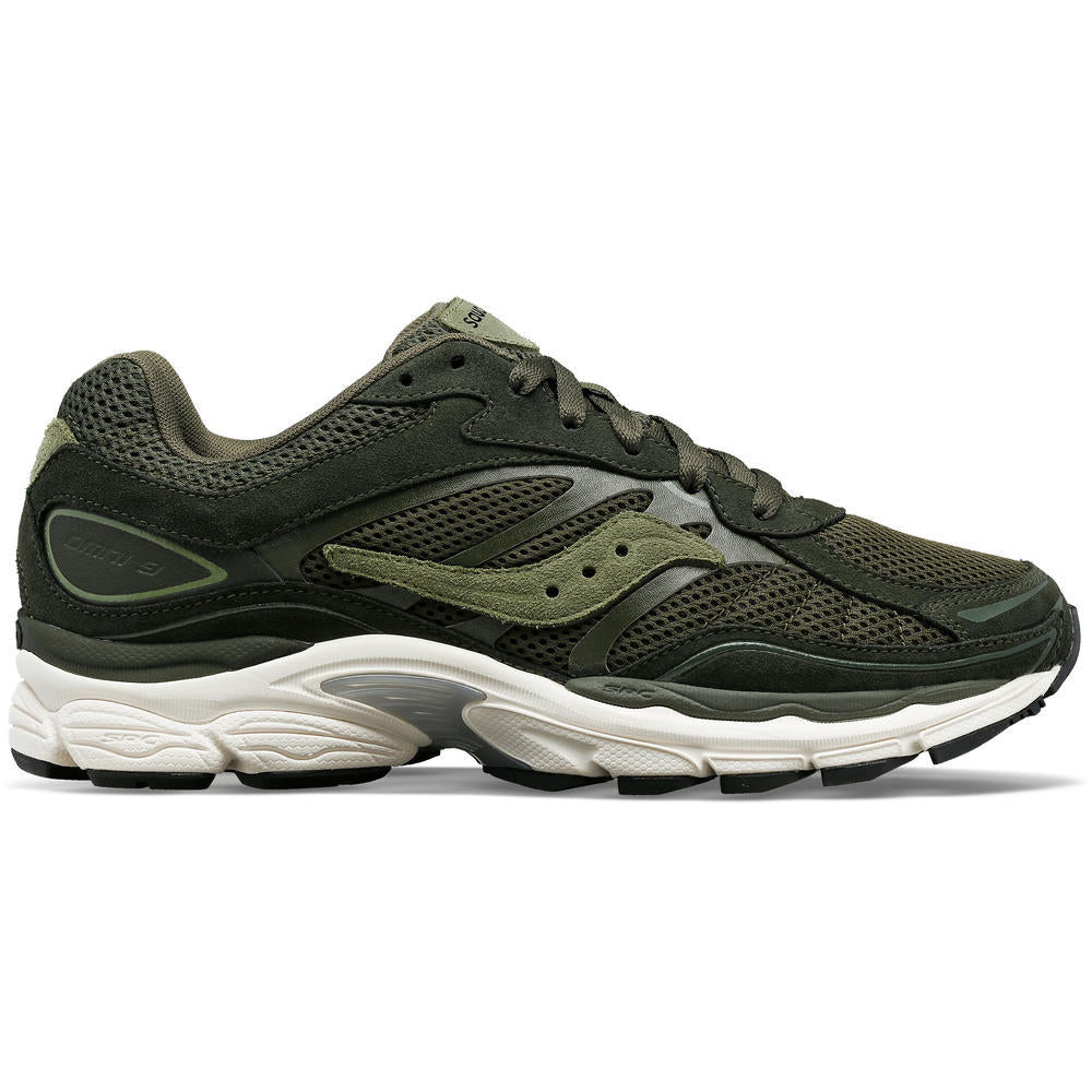 Side view on white background of Mens Saucony Progrid Omni 9 running shoe in Green, Medium (Regular) width