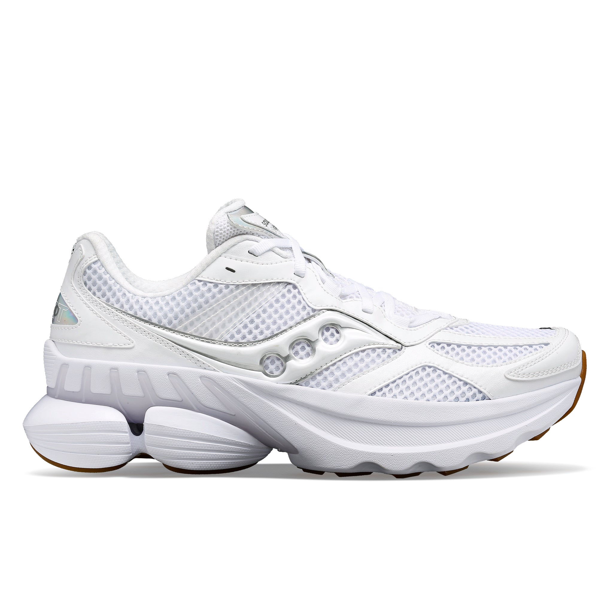 Side view on white background of Mens Saucony Grid NXT running shoe in White, Medium (Regular) width