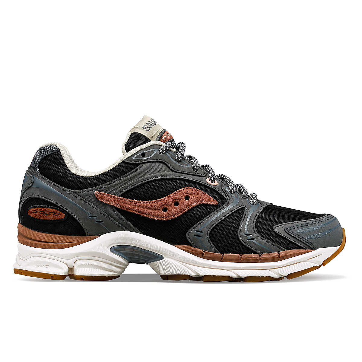 Side view on white background of Womens Saucony Progrid Triumph 4 running shoe in Grey/Brown, Medium (Regular) width