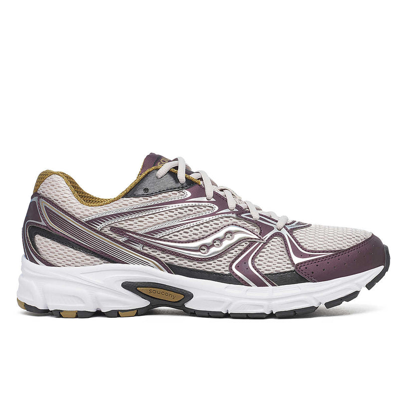 Side view on white background of Mens Saucony Ride Millennium running shoe in Grey/Wine, Medium (Regular) width
