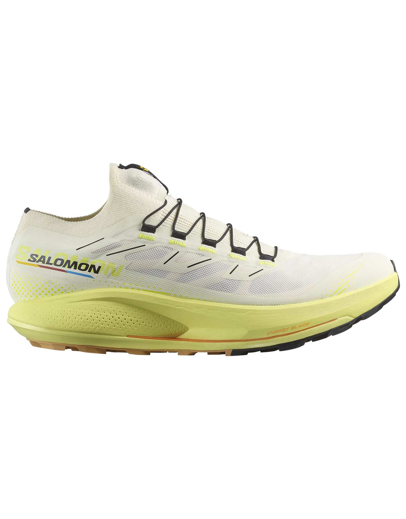 Side view on white background of Mens Salomon Pulsar Trail Pro 2 running shoe in Vanilla Ice/Sunny Lime/Black, Medium (Regular) width