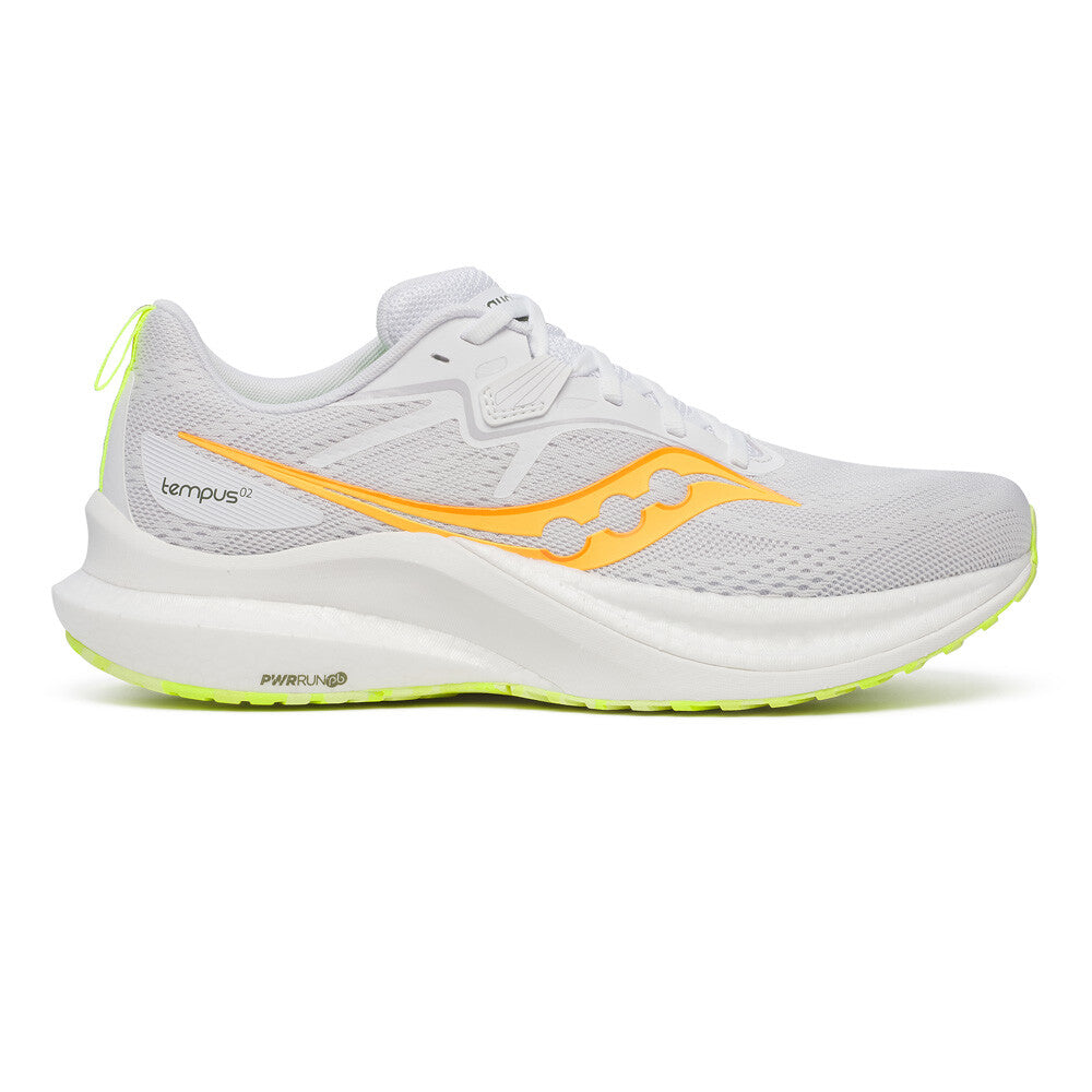 Side view on white background of Mens Saucony Tempus 2 running shoe in White/VO2, Medium (Regular) width