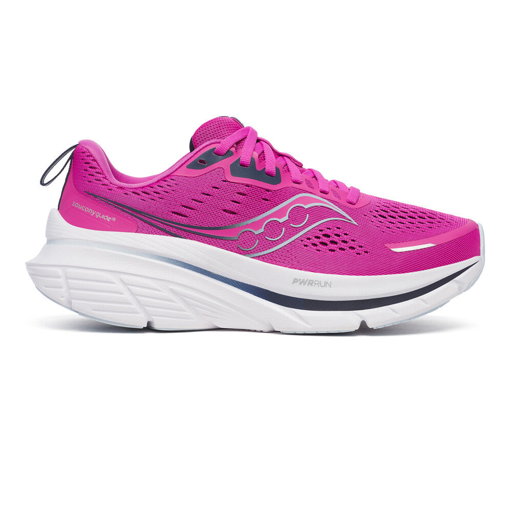 Side view on white background of Womens Saucony Guide 18 running shoe in Fuchsia/Navy, Medium (Regular) width