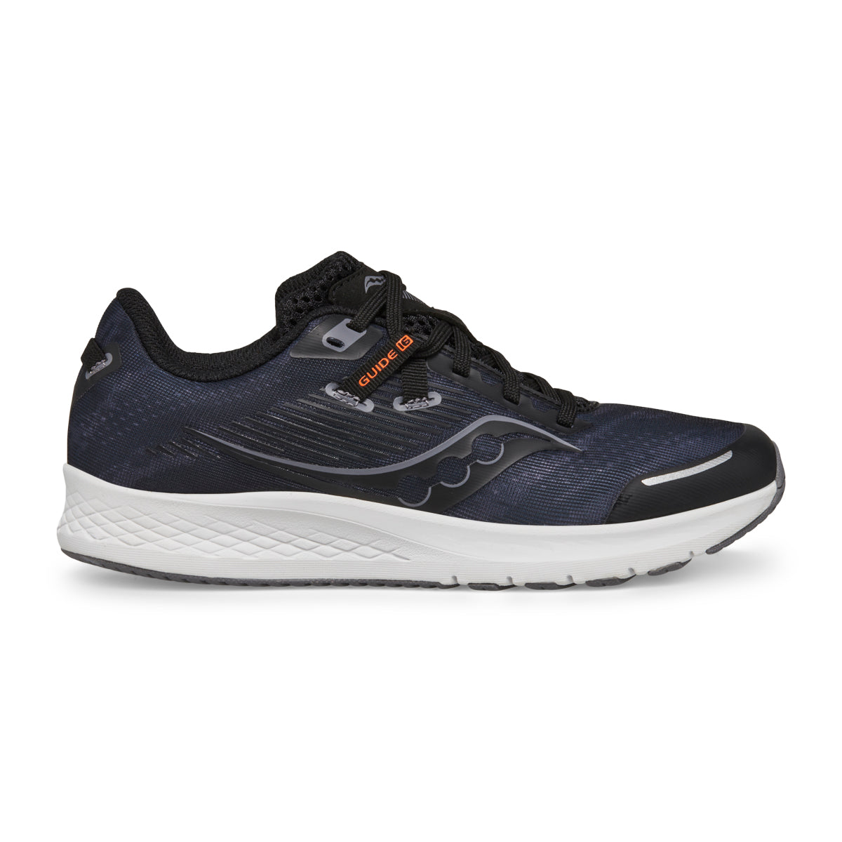 Side view on white background of Youth Saucony Guide 16 running shoe in Black/White, Medium (Regular) width