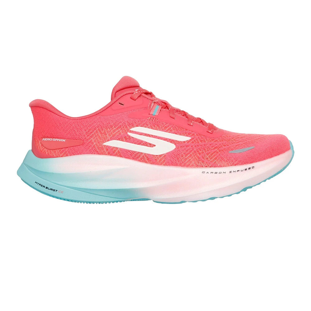 Side view on white background of Womens Skechers Aero Spark running shoe in Coral, Medium (Regular) width