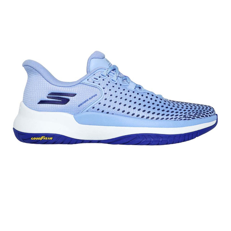 Side view on white background of Womens Skechers Viper Court Elite running shoe in Light Blue, Medium (Regular) width